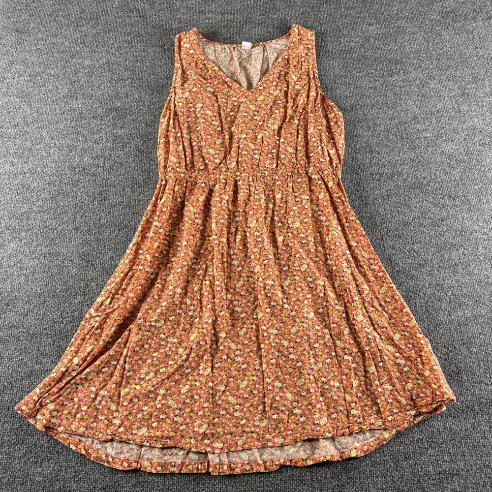 Old Navy Dress Women L Orange Floral Sleeveless V Neck Sundress Boho Cottagecore